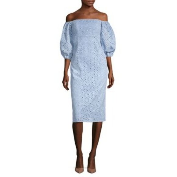 Prose & Poetry Sheila Midi Dress Size Small Blue Eyelet Off the Shoulder New - Picture 13 of 13